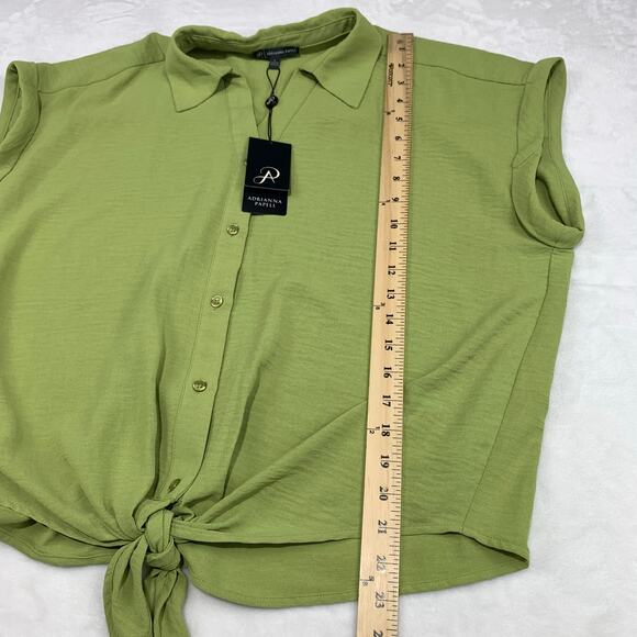 NWT Adriana Papell Blouse Button Down Tie Waist Large Short Sleeve Collar Green - Picture 9 of 9